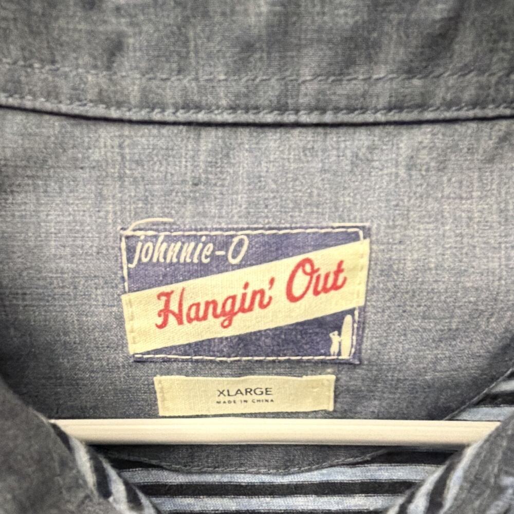 Johnnie-O Hangin’ Out Men’s XL Blue Striped Polo Shirt Linen Cotton Pocket